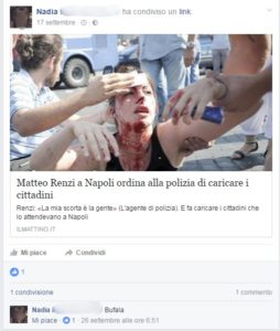 La condivisione di Nadia e il suo commento: "Bufala"