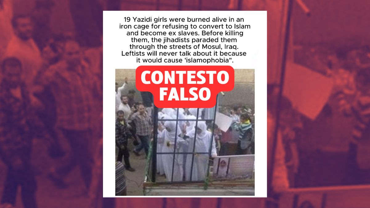 Questa foto non mostra delle ragazze yazide fatte sfilare in gabbia a Mosul
